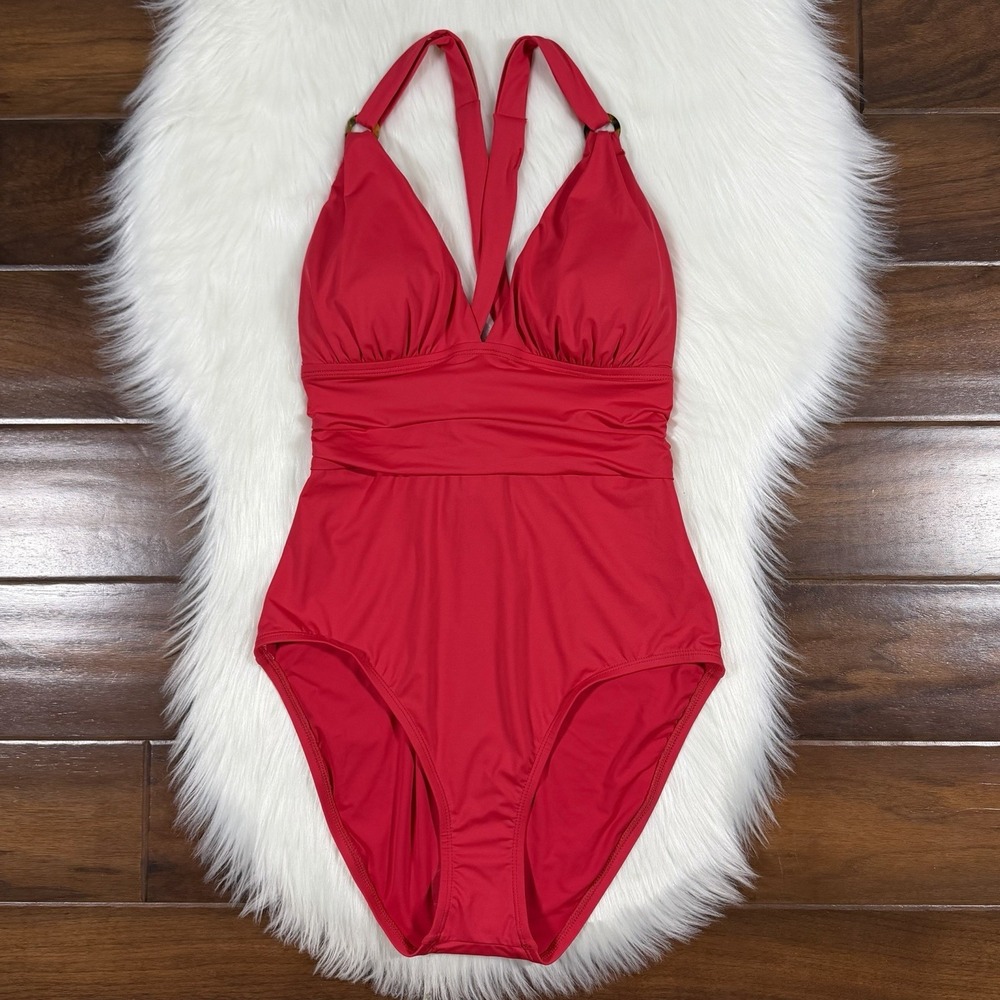 Tommy‎ Bahama Women's Size 10 Red Pearl Novelty V Neck One Piece Swimsuit